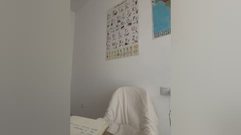 Media: Video of a corner of a child's bedroom with a white chair, a white blanket, a colorful alphabet chart, and a colorful map on the wall.