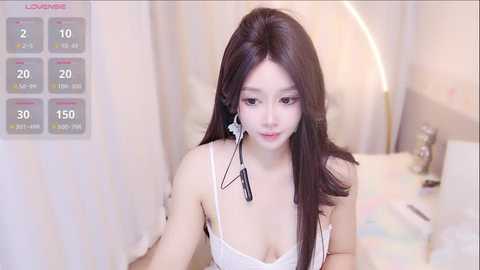 Media: Video of an Asian woman with long dark hair, wearing a white lace bra, sitting on a bed in a soft, pastel-colored room.