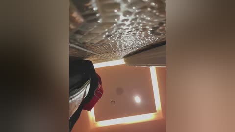 Media: Video of a ceiling with textured tiles and a circular light fixture, viewed from below. The ceiling is beige, and the image is slightly blurred.