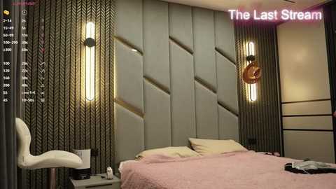 Video of a modern bedroom with a gray, geometric-patterned wall, two vertical wall lights, a white chair, and a bed with pink bedding, featuring the text \"The Last Stream.\