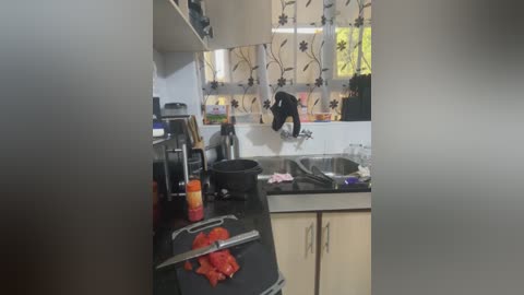 Media: A video of a messy kitchen counter with a black granite surface, a black pot, a red bottle, and sliced tomatoes; cabinets, sink, and window with floral curtains in the background.