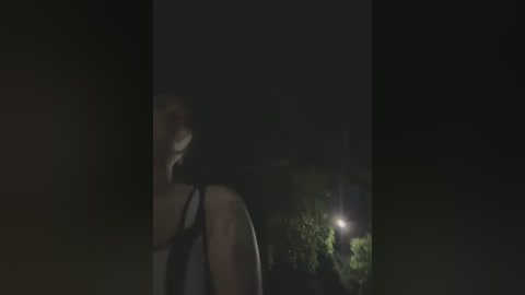 Media: A dimly lit video captures a woman with short dark hair, wearing a black tank top, partially obscured by a dark object. A streetlamp illuminates green foliage in the background, suggesting an urban park at night.