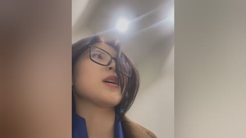 Media: Video of a woman with long brown hair, wearing black-framed glasses and a blue top, seen from a low angle, with a bright light in the background.