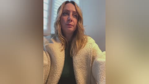 Media: Video of a woman with wavy blonde hair, wearing a beige knit jacket over a dark green top, looking introspective. Background features white blinds and a soft, diffused light.