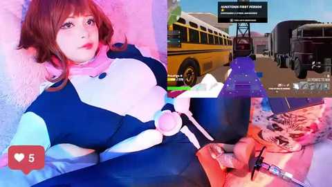 Media: A collage featuring a cosplay of Overwatch's Tracer, a school bus, and a tattooed arm. The image includes vibrant colors and detailed textures, capturing different elements of pop culture and personal art.