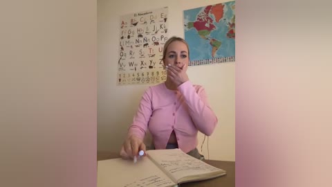 Media: Video of a blonde woman in a pink cardigan, covering her mouth, sitting at a desk with a book open. Wall decor includes a world map and a letter chart.