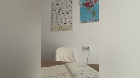 Media: A video of a minimalist, brightly lit room with a white wall featuring a colorful alphabet chart and world map. A beige chair and open book are on a wooden desk in the foreground.