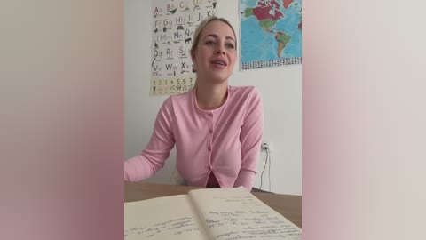 Media: Video of a smiling, light-skinned woman with blonde hair, wearing a pink cardigan, sitting at a table with an open notebook and a colorful alphabet chart on a white wall.