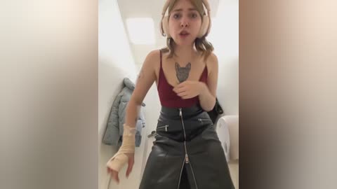 Media: Video of a young woman with light skin and wavy brown hair, wearing a maroon tank top and black leather skirt, with a wolf tattoo on her chest, walking with a bandaged hand down a narrow, brightly lit hallway.