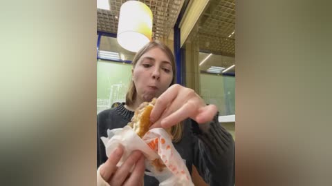 Media: A video of a young woman with light skin and straight, blonde hair, wearing a dark shirt, eating a sandwich from a white bag. The background features a modern caf\u00e9 with green walls, a wooden ceiling, and a yellow lampshade.