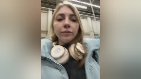 Media: Video of a young Caucasian woman with long blonde hair, wearing light blue denim jacket, large beige headphones, and a neutral expression in an indoor setting with white ceiling tiles.