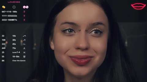 A close-up video of a young woman with fair skin, dark hair, and red lipstick, smiling, set against a dark background. Digital editing elements on the left show statistics and icons.