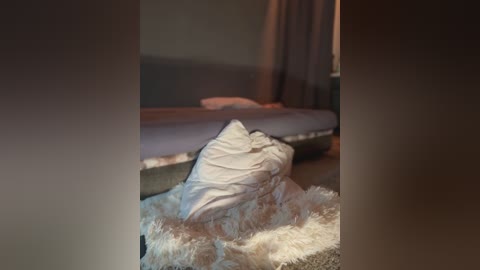 Video of a messy bedroom with an unmade bed, a white pillow, and a fluffy white rug. The background features a dark curtain and a bed frame.