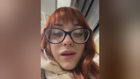 Media: Video of a young Caucasian woman with straight, reddish-brown hair, wearing black-rimmed glasses, a beige scarf, and a neutral expression. Background shows a blurred indoor setting with muted colors.