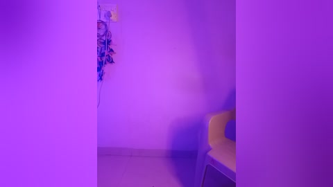 Media: A video showing a minimalist room with a purple light, featuring a small yellow chair and a decorative hanging object on the left wall.