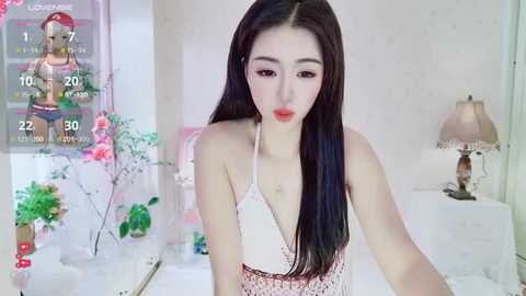 Media: Video of an East Asian woman with long black hair, wearing a white crochet halter top, sitting on a bed with pink sheets and floral decor.