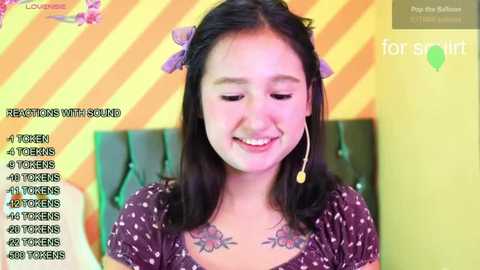 A video of an Asian woman with straight black hair, wearing a purple floral top, smiling. The background has yellow and orange striped walls. Text overlays discuss \"Reactions with Sound\" and \"4 Tiers of Tickers.\