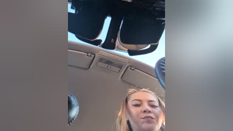 Media: Video of a blonde woman with closed eyes inside a car, focusing on the dashboard and steering wheel, with a blurred background.