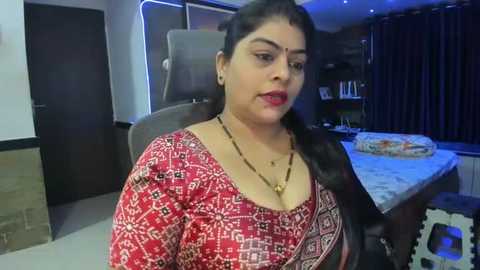 Media: Video of a middle-aged South Asian woman in a red-patterned blouse, sitting on a modern black chair in a spacious, dimly lit room with dark curtains and a white bed.