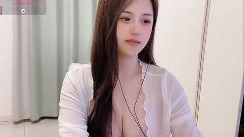 Media: Video of a young East Asian woman with long, straight brown hair, wearing a white, semi-sheer blouse, revealing a black bra, and sitting indoors with light-colored walls and a window with light green curtains.