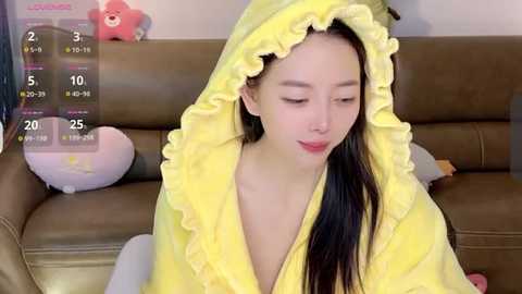 Media: A video of an East Asian woman in a yellow, frilled bathrobe, sitting on a brown couch with plush toys.