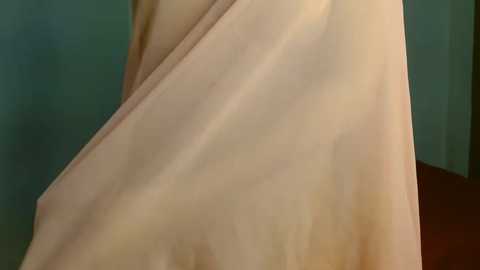 Media: Close-up video of a woman's upper torso draped in sheer, beige fabric, revealing her pale skin. The background features a blurred teal wall, creating a soft, muted ambiance. The image focuses on the delicate texture of the fabric and the smoothness of her skin.