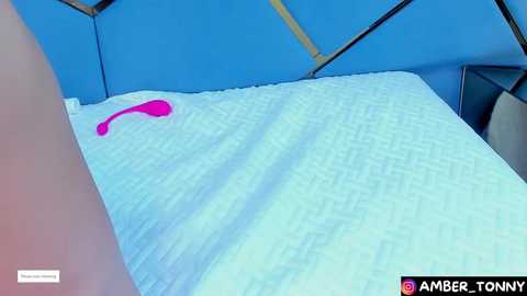 Media: Video of a bed with white textured sheets, a pink vibrator on the pillow, blue geometric wall, and a small logo in the bottom left corner.