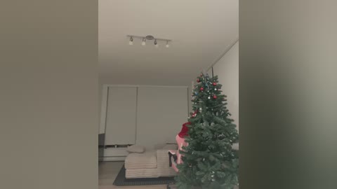 Media: Video of a modern living room with beige walls, a large Christmas tree adorned with red ornaments, a plush couch, and a ceiling light fixture.