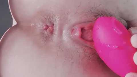 A close-up video of a person using a pink, glossy, textured vibrator on their shaved vulva, highlighting the clitoris and labia. The background is blurred.