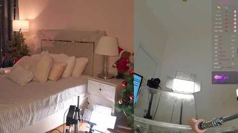 A video of a cozy bedroom with a white bed, Christmas decorations, and a small toy elf, illuminated by a warm, festive ambiance.