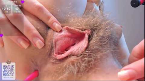 Media: A close-up video of a person's vulva, showing detailed textures of the labia and surrounding pubic hair. Hands gently part the labia, revealing the inner pink tissue.