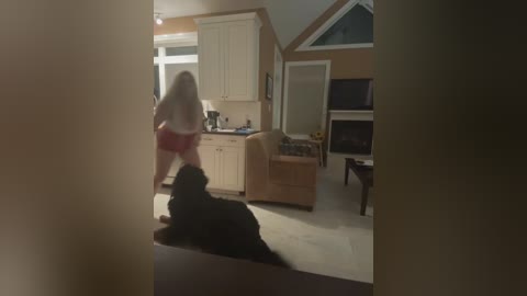 Media: Video of a woman in red lingerie playfully interacting with a black dog in a cozy, dimly lit living room with beige furniture and a fireplace.