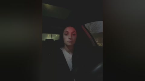 Media: A dimly lit video of a young woman with long black hair, wearing a black jacket over a white shirt, sitting in a car at night.