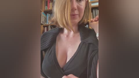 Media: Video of a fair-skinned woman with short, blonde hair, wearing a low-cut, black blouse, revealing ample cleavage, standing in a book-filled room.