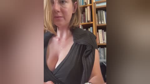 Media: Video of a blonde woman with short hair, wearing a black dress with a plunging neckline, sitting in a library with wooden bookshelves filled with books in the background.