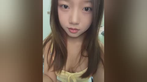 Media: A video of a young Asian woman with long brown hair, wearing a yellow strapless top, standing indoors with blurred brown vertical frames.