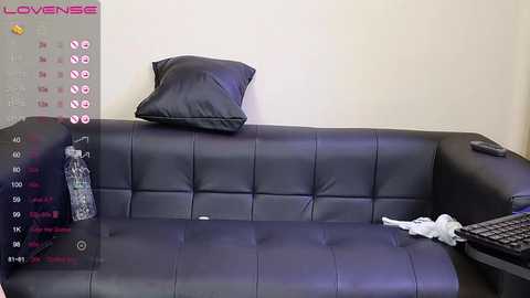 Media: Video of a modern black leather sectional sofa with a single black pillow, a pair of white socks, and a black remote control on the side, set against a plain beige wall.