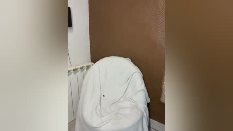 Media: A video of a small, white, plush chair draped with a white blanket, situated against a brown wall in a sparse, possibly unfinished room.