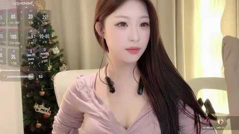 Media: Video of an East Asian woman with long brown hair, wearing a pink top, and black headphones, sitting indoors. A Christmas tree is visible in the background.