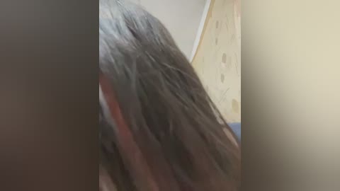 A close-up video of a person's shoulder and back, showing long, gray hair that appears thin and frayed. The background is blurry, with a beige wall and a white ceiling visible.