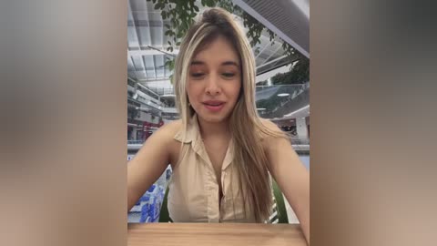 Media: Video of a young Asian woman with straight, long blonde hair, wearing a beige sleeveless blouse, smiling and taking a selfie in a modern indoor space with glass walls and greenery.