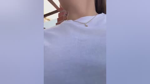 Media: Video of a person's neck and upper back, wearing a white T-shirt and a delicate gold necklace, with a blurred background showing part of a brick wall and a ceiling fan.