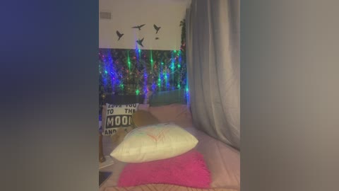 Video of a cozy, brightly lit bedroom with a canopy bed draped in gray fabric. The bed features a pink rug, a white pillow with a rainbow design, and a wooden sign reading \"Do You Moo?\