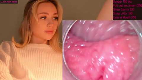 Media: Video of a blonde woman in a cream sweater, with a close-up of her vaginal area, showing pink, moist tissue.