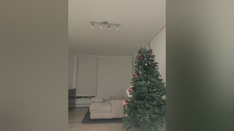 Media: Video of a minimalist, beige-walled living room with a Christmas tree adorned with red and gold ornaments, a beige sofa, and a large white cabinet in the background.