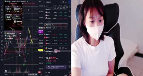 Media: A video juxtaposes an Asian woman with a white mask and short black hair, seated in a black chair, with a cryptocurrency trading screen displaying charts and price movements.