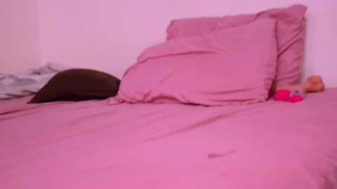 Media: A video of a messy bedroom with a pink bedspread, rumpled pillows, and a stuffed animal on the right side. The background is plain white, and the lighting is soft.