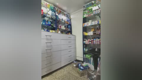 Media: Video of a cluttered, well-lit room with white cabinets and shelves filled with various household items and personal products.