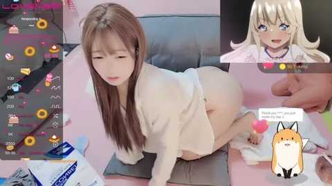 Media: Video collage: A young, petite Asian woman with long brown hair, in a white sweater, is on all fours on a bed. She has a flushed face.