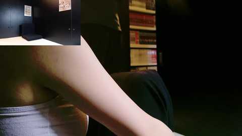 Video of a person with pale skin, wearing a gray tank top, sitting in a dimly lit room with a bookshelf filled with books.